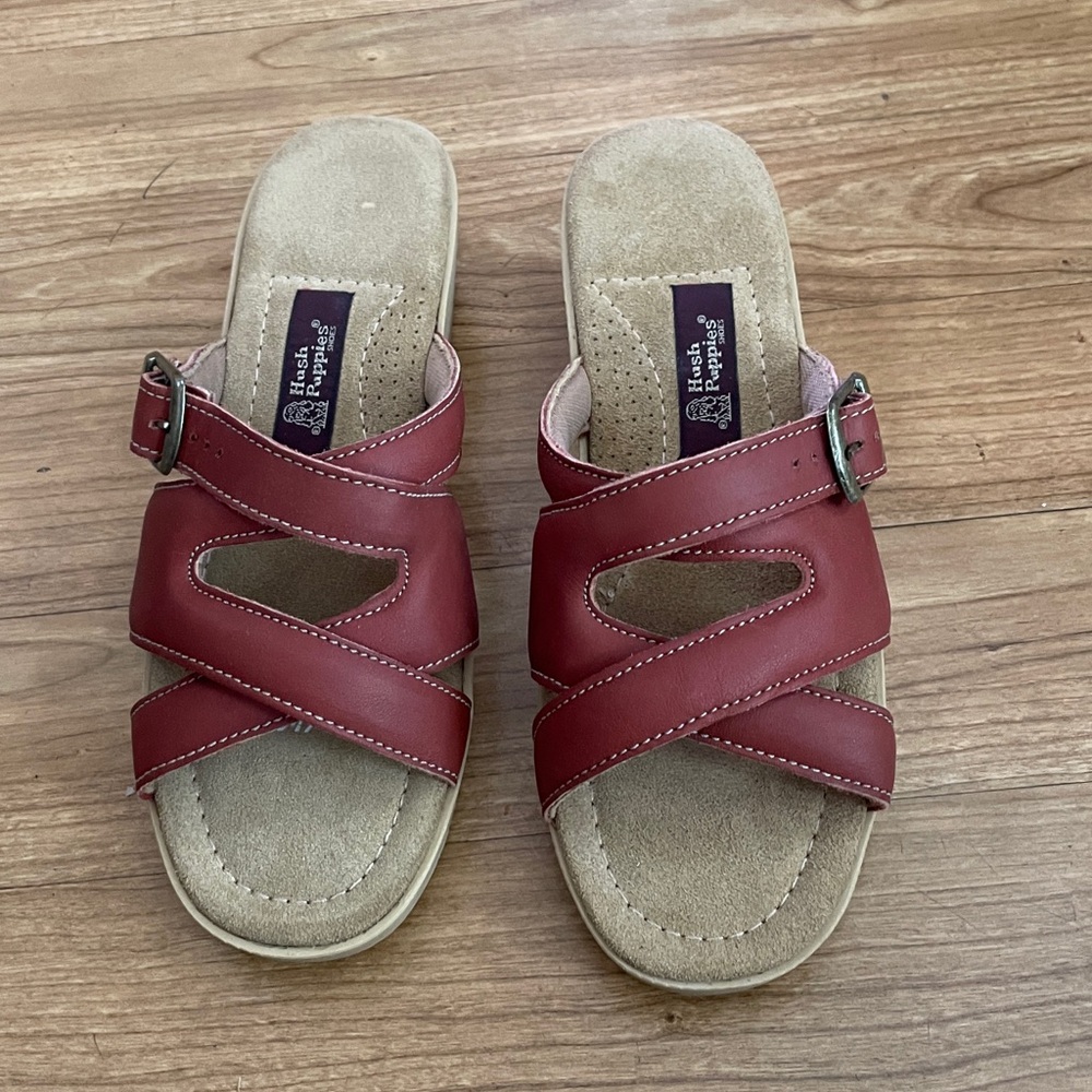 Women’s brown leather slides